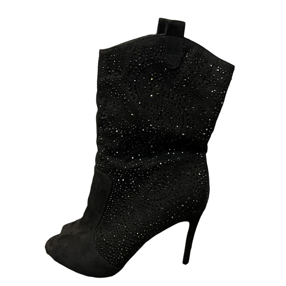 Lauren Lorraine Layla Black Suede Rhinestone Peep Toe Cowboy style Dress Boots - Picture 3 of 9